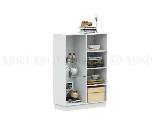 Шкаф со Стеклом Низкий Манифик МДФ (Ш-1000 x В-1454 x Г-442 мм)Белый/Белый Глянец